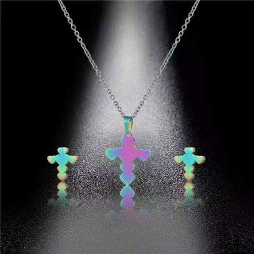 Jewelry Set Women Fashion Stainless Steel Cross Necklace Earrings Color Set Simple