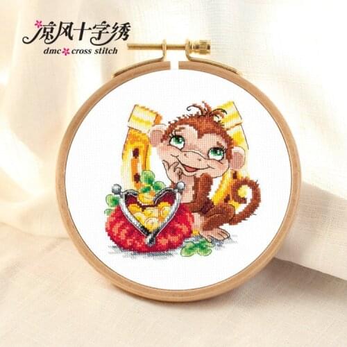 The little monkeys purse cross stitch kit DMC brand thread animal dog count canvas fabric embroidery handmade needlework