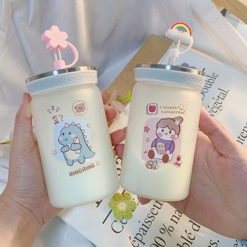 Cute Cartoon Glass Water Cup With Straw Fresh Korean Style Kawaii Milk Cups Student Breakfast Water Bottle