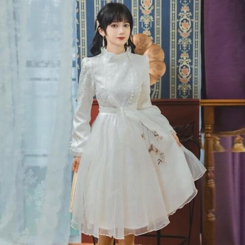 Lovely Sweet White Kawaii Dress Women Mesh Embroidery Retro Chic Ruffled Stand Collar Cute Mini Skirt Princess Dress Vestidos