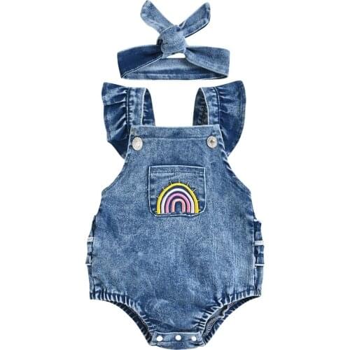 0-18M Rainbow Playsuits Soft Infant Girls Ruffles Romper Cotton Babies Girls Denim Bodysuits With Headband 2Pcs Summer Clothing