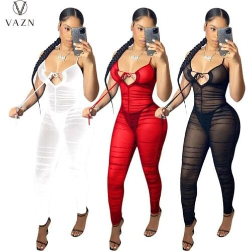 VAZN 2021 New Shinny Transparent Mesh Fabric Pleated Sexy Lady Women Party Beach Jumpsuits Full Pant Bandage Rompers