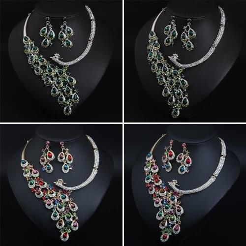 Indian Women Peacock Necklace Earrings Sets Crystal Rhinestone Statement Bib Choker Pendant Jewelry Set For Bridal Wedding Party