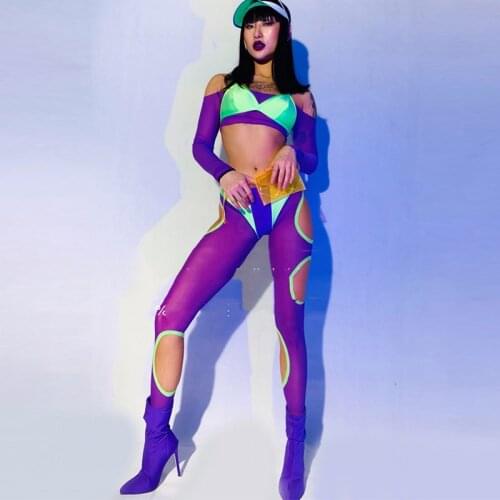European And American Nightclub Bar Sexy Purple Suit Female Singer DJ Dance Party Celebrate Costume Tops+ Bikini + Pants DWY3331