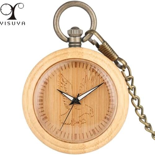 Carve Flying Eagle Bamboo Wood Pocket Watch Quartz Wooden Pendant Bronze Chain Pocket Timepiece Luminous Hands Display Clock