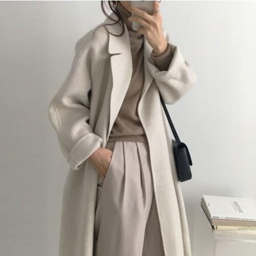 2021 Fashion Long Sleeve Woolen Coat Lapel Solid Long Jacket Coat For Women Korean New Autumn Long Cardigan Wool Coats Clothes