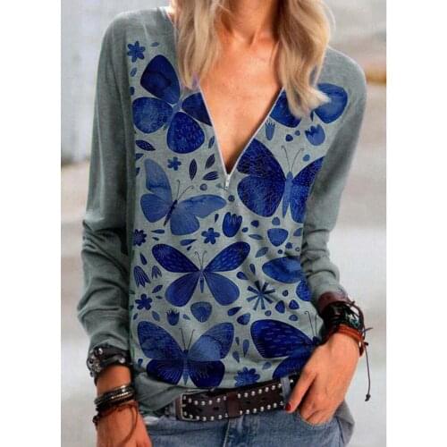 Big Size Women Butterfly Print Tshirt V-neck Zipper irregular Loose Casual T shirts Spring Summer Plus Size Sexy Tops Tee shirts