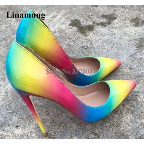 Ladies Charming Pointed Toe Patent Leather Rainbow Stiletto Heel Pumps 8cm 10m 12cm Gradient Mix-colors High Heels Dress Shoes