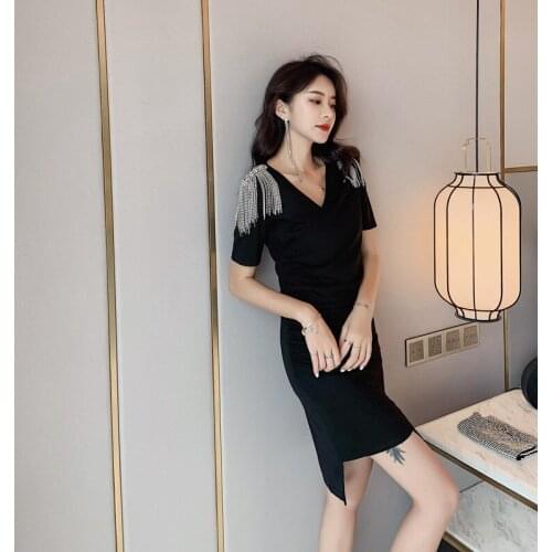 Sexy Party Office Tassel Asymmetrical Dresses Summer Women V Neck Short Sleeve Elegant Dresses Vestidos Vintage Bandage Dress