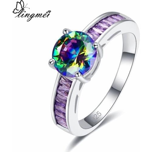Lingmei Dropshipping Wedding Round Cut Multi & White & Purple & Blue CZ Silver Color Ring Size 6-9 New Comes Jewelry