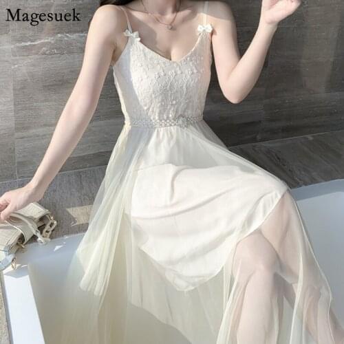 Backless Spaghetti Strap Sexy Dress Women Lace Mesh Summer Long Dress V Neck Embroidery Elegant Party Dresses Female Robes 14881