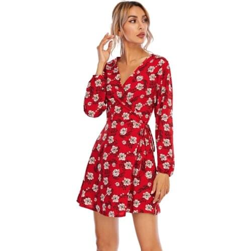 Women V-neck Casual Print Summer Dress Fashion Ladies Long-sleeved Casual Dresses