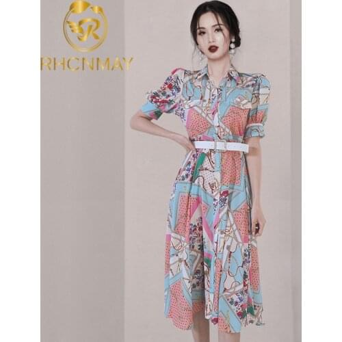 New Vintage Printing Dress Women Summer Fashion Korean Slim Work Party Dresses Simple Single Breasted Shirt Vestidos