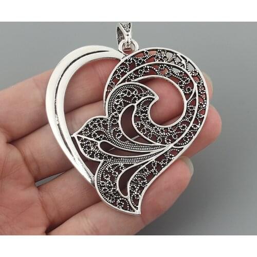 2pcs Antique Large Hollow Open Filigree Heart Shape Charms Pendants for Necklace Jewelry Making Findings 65x61mm