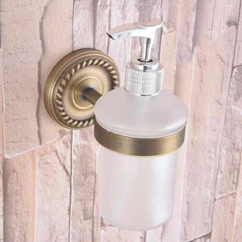 Antique Brass Bathroom and Kitchen Glass bottle liquid Soap Dispenser Wall Mounted Soap dispensers Holder rack mba262