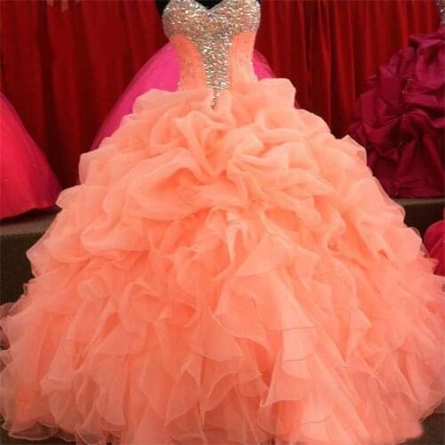 Coral Quinceanera Dresses Ball Gown Organza Princess Prom Debutante Sweet 16 Dress vestidos de 15 anos