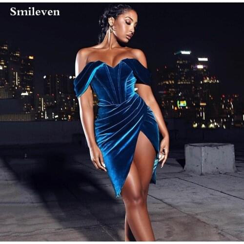Smileven Blue Velvet Peats Cocktail Dress Off The Shoulder Mini Prom Dresses Fashion Style Evening Party Gowns 2022 New Trends