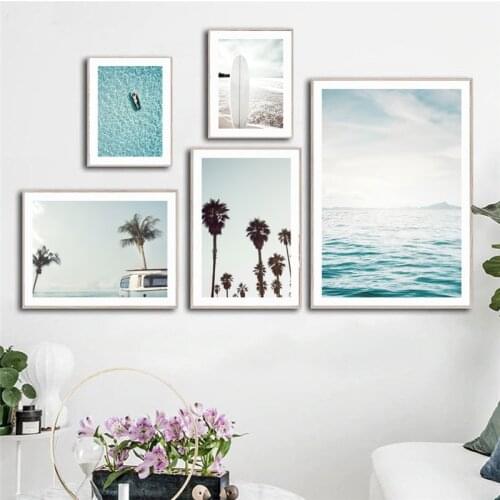 Blue Beach Surfing Nordic Posters And Prints Wall Art Canvas Painting Coconut Tree Sea Wall Pictures Living Room Home Decor