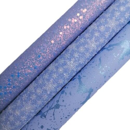 Blue Glitter leather, Snowflakes Printed Glitter synthetic leather, Metallic Faux Leather Sheets For Bow A4 21x29CM KM654