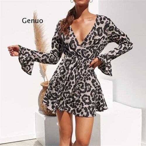Summer Chiffon Dress Women Leopard Print Boho Beach Dresses Casual Ruffle Long Sleeve A-Line Mini Party Dress Vestidos