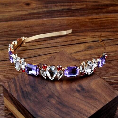 Korean Trendy Sparkly Hair Jewelry Gold Alloy Metal Red Purple Gems Hairbands Luxurious Crystal Rhinestone Headbands For Women