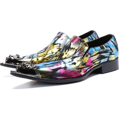 Luxury Brand Italian Shoes Men Leather Loafers Gold Steel Toe Metallic Mens Shoes High Heels oxford Dress Wedding Shoes Gents