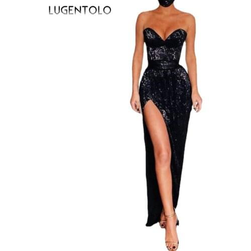 Sexy Dress Women Sequins Breast Wrap Sleeveless Slim Party Dresses Female Black Split Fork Elegant Long Dress Lugentolo