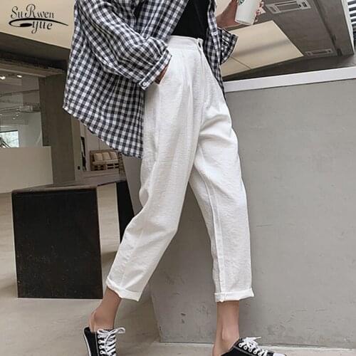 2021 Fashion High Waist White Harem Pants Summer New Women Pants Solid Casual Cotton and Linen Ladies Loose Trousers Pants 9758