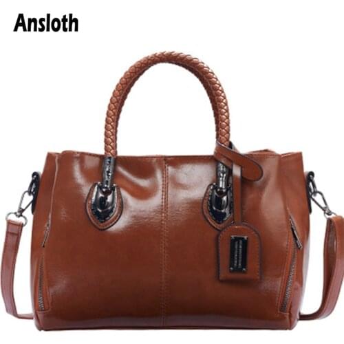 Ansloth New Soft Oil Wax Leather Shoulder Bags For Women Zipper Boston Bags Luxury Large Capacity Totes Bags Ladies Retro HPS967