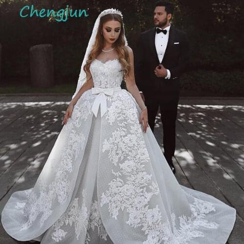 Chengjun Sweetheart Lace Beaded Chapel Train Ivory Princess Wedding Dress
