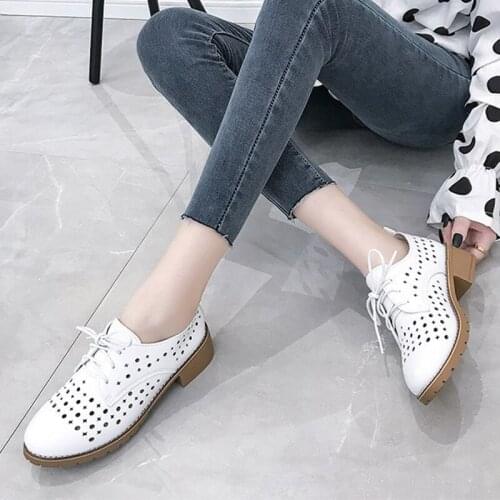 Women Pumps Hollow Out Lace Up Low Heels Shoes Female Casual Solid Breathable Handmade Leather Shoes for Women Spring Ladies