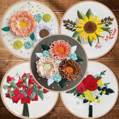 Embroidery DIY Flower Plant Pattern Embroidery Kit Needlework Tools Printed Embroidery Fabric Round Embroidery Kit