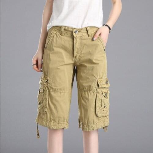 Womens Knee Length Capri Cargo Pants Multi-pockets Outdoor Casual 5-points Denim Trousers For Travel Combat Pants Plus Size