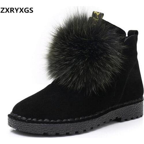 2021 High end Matte Cowhide Real Fox Fur Women Boots Warm Snow Boots Flat Large Size Soft Fashion Winter Shoes Women Shoes Boots