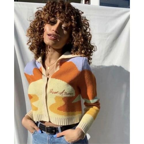 Womens Retro Letter Embroidery Button Down Cardigan Lapel Long Sleeve Ribbed Knit Crop Tops Spring Autumn E-girl Streetwear