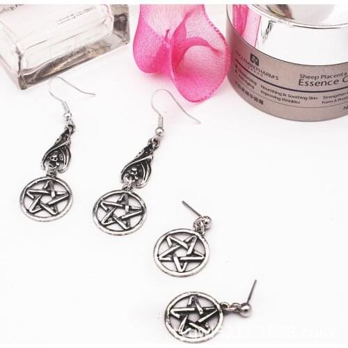 New Punk style Women Jewelry Ancient Silver color Star Pentagram Bat Clavicle Chain Short Necklace Earrings Bracelet Set
