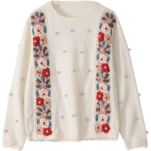 New Arrival Retro Gentle Women 3D Flower Embroidery High Quality Sweater Sweet Fashion Fall Winter Jumper Female Pullover Tops