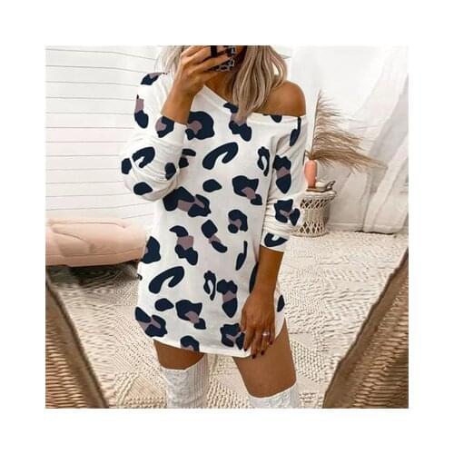 Women Leopard Print Strapless Long Sleeve T-Shirt Dress Female Butterfly Irregular Fashion Casual Dress Autumn Basic Mini Dress