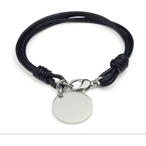 10pcs 316L Stainelss Steel Real Leather Simple Round Charm Bracelet,Free Shipping
