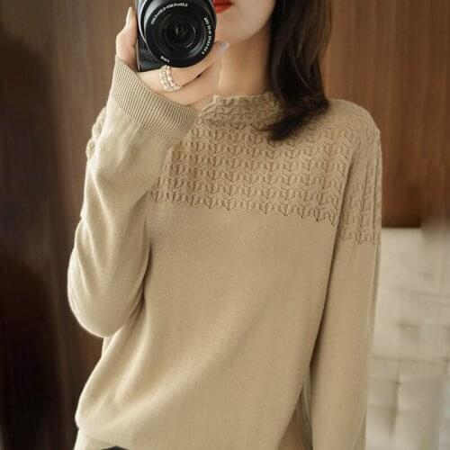 2021 Spring and autumn new womens sweater hollow pullover bottoming shirt 100 % cotton half high neck knit short short sweater
