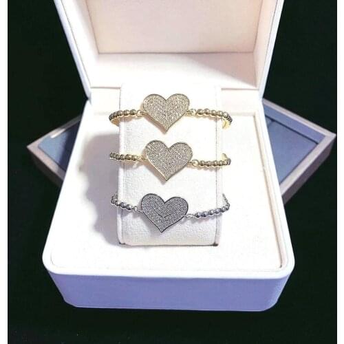 5PCS, Gold Silver Color Micro Pave CZ Cubic Zirconia Adjusted Copper Beads Bracelet Heart Charm Slide Chain Bracelets