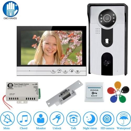 7 inch Wired RFID Video Doorbell Intercom System Kit 1 Monitor 125KHz IR Camera + Electric Strick Door Lock + DC12V Power Supply