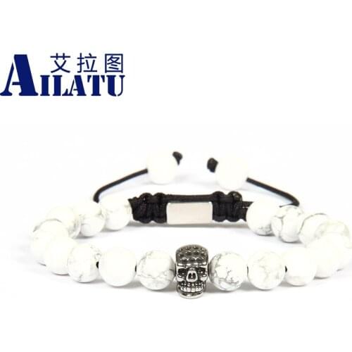 Ailatu 8mm White Howlite Marble Stone Beads Stainless Steel Skull Macrame Bracelet Customizable Size and Trademark Logo