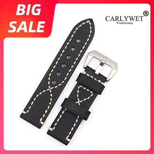 CARLYWET 20 22 24 26mm Top Black Real Leather Watch Band For Zenith Omega Montblanc Panerai Daytona Submariner Tissot Tag Heuer