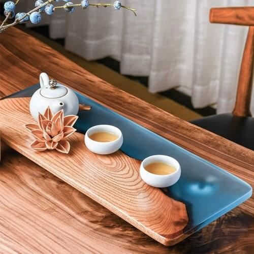 Japanese Style Handmade Wooden Resin Tea Tray Serving Tray Home Hotel Office Tea Ceremony Tea Set Board Breakfast Tray 50x20cm