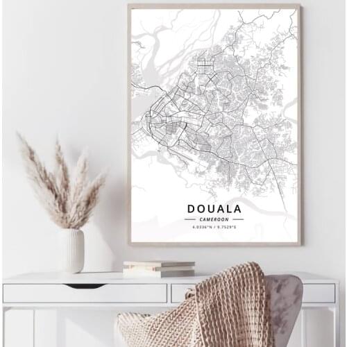 Cameroon World map Douala Jakarta Yaounde black and white map poster print unframe poster office decoration