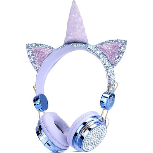 Cute Unicorn Bluetooth Wireless Headphones with Mic, Luxury Diamond Bling Girls Music Helmet for Kids Childrens Easphone Gift