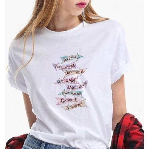 Fashion Women T Shirt Summer Short Sleeve O-neck Polyester Tshirts Alice In Wonderland Letter Print Disney Cartoon Graphic Tees