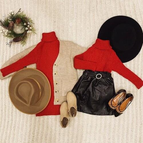 Fashion Autumn Kids Girls Clothes Sets 2pcs 1-5Y Solid Turtleneck Sweater Tops+PU Leather Skirts Toddler Children Girls Outfits
