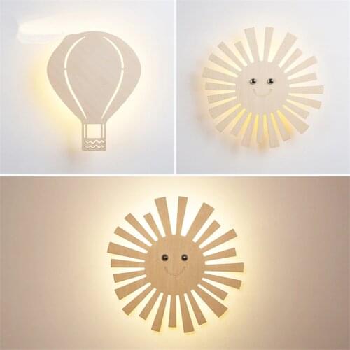 Nordic cartoon wood art hot air balloon wall lamps childrens room aisle bedroom bedside led decor sun sconces lights fixtures
